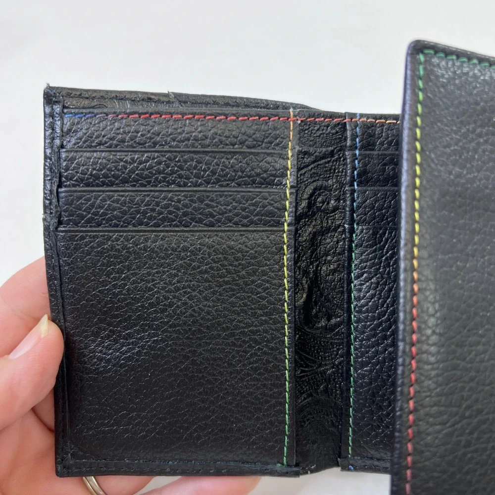 Robert Graham Mens Black Leather Trifold Wallet Multicolor Stitching Paisley
